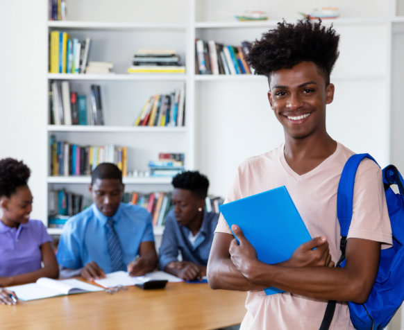 African american young adult student with class at school